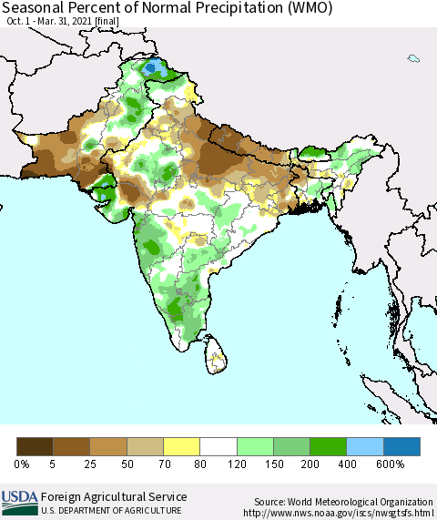 Southern Asia Seasonal Percent of Normal Precipitation (WMO) Thematic Map For 10/1/2020 - 3/31/2021