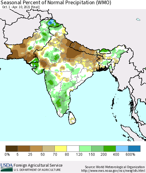 Southern Asia Seasonal Percent of Normal Precipitation (WMO) Thematic Map For 10/1/2020 - 4/10/2021