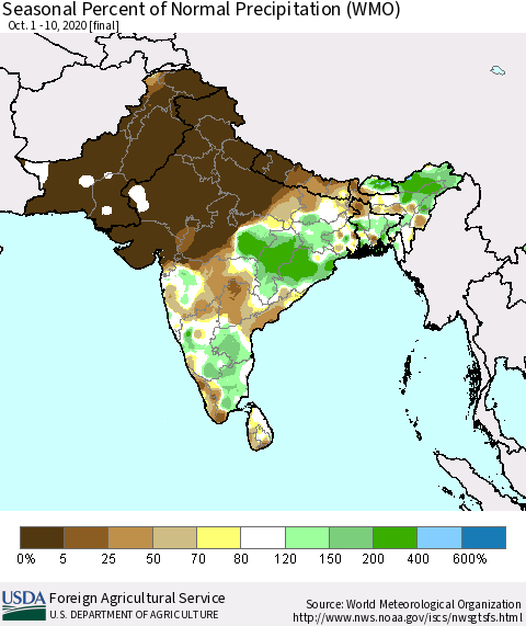 Southern Asia Seasonal Percent of Normal Precipitation (WMO) Thematic Map For 10/1/2020 - 10/10/2020