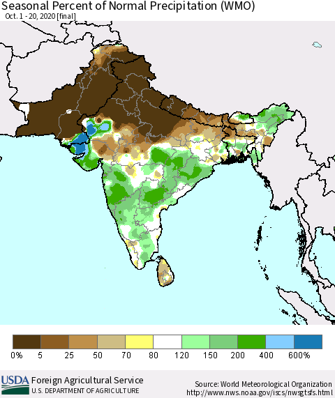 Southern Asia Seasonal Percent of Normal Precipitation (WMO) Thematic Map For 10/1/2020 - 10/20/2020