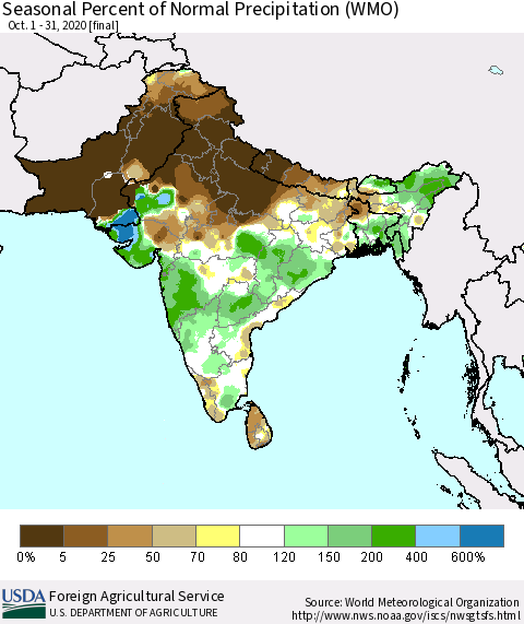Southern Asia Seasonal Percent of Normal Precipitation (WMO) Thematic Map For 10/1/2020 - 10/31/2020
