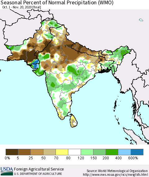 Southern Asia Seasonal Percent of Normal Precipitation (WMO) Thematic Map For 10/1/2020 - 11/20/2020