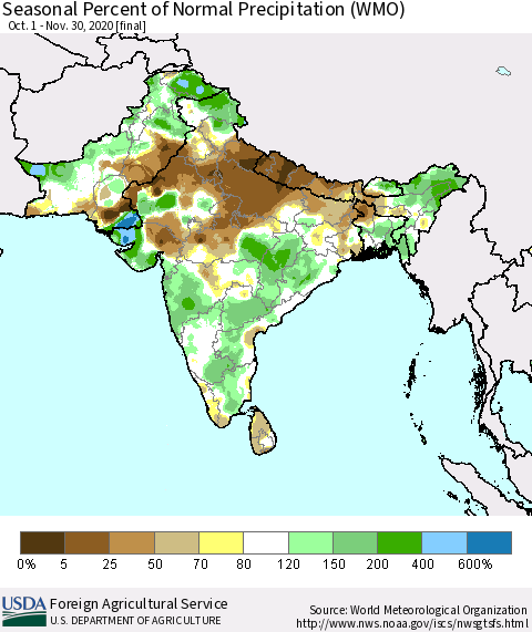 Southern Asia Seasonal Percent of Normal Precipitation (WMO) Thematic Map For 10/1/2020 - 11/30/2020