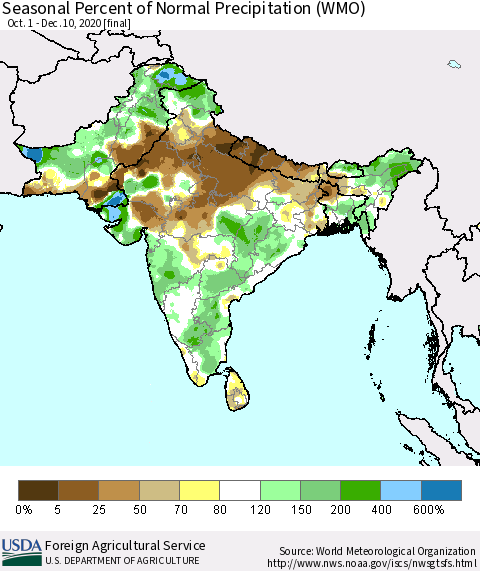 Southern Asia Seasonal Percent of Normal Precipitation (WMO) Thematic Map For 10/1/2020 - 12/10/2020