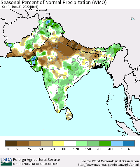 Southern Asia Seasonal Percent of Normal Precipitation (WMO) Thematic Map For 10/1/2020 - 12/31/2020
