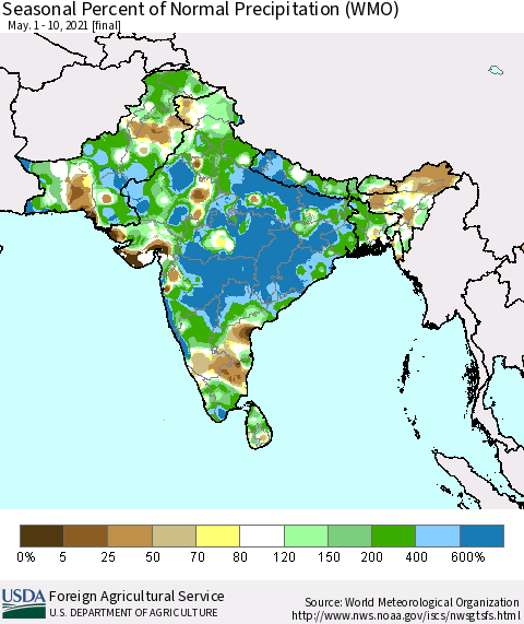 Southern Asia Seasonal Percent of Normal Precipitation (WMO) Thematic Map For 5/1/2021 - 5/10/2021