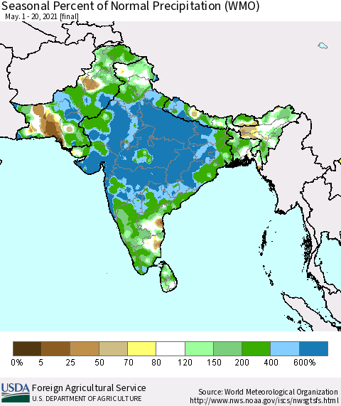 Southern Asia Seasonal Percent of Normal Precipitation (WMO) Thematic Map For 5/1/2021 - 5/20/2021