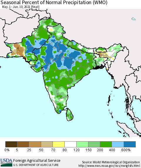 Southern Asia Seasonal Percent of Normal Precipitation (WMO) Thematic Map For 5/1/2021 - 6/10/2021