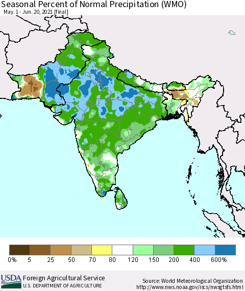 Southern Asia Seasonal Percent of Normal Precipitation (WMO) Thematic Map For 5/1/2021 - 6/20/2021