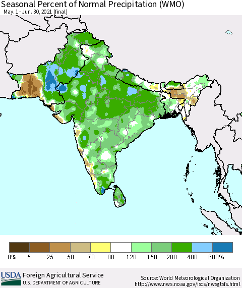 Southern Asia Seasonal Percent of Normal Precipitation (WMO) Thematic Map For 5/1/2021 - 6/30/2021