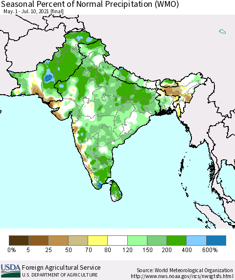 Southern Asia Seasonal Percent of Normal Precipitation (WMO) Thematic Map For 5/1/2021 - 7/10/2021