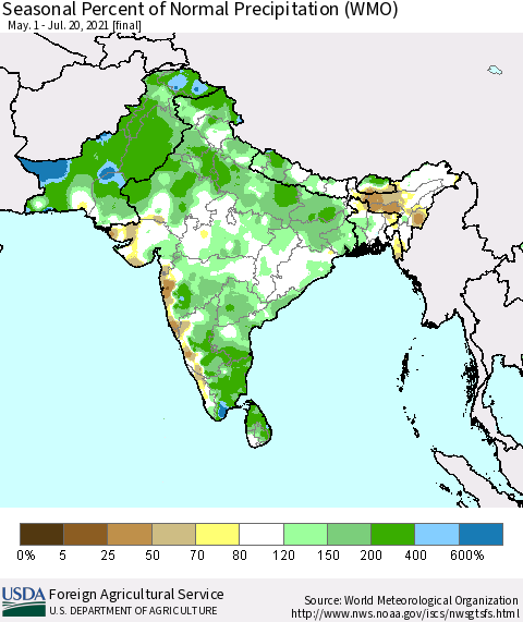 Southern Asia Seasonal Percent of Normal Precipitation (WMO) Thematic Map For 5/1/2021 - 7/20/2021