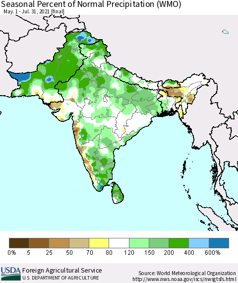 Southern Asia Seasonal Percent of Normal Precipitation (WMO) Thematic Map For 5/1/2021 - 7/31/2021
