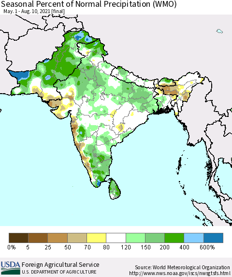Southern Asia Seasonal Percent of Normal Precipitation (WMO) Thematic Map For 5/1/2021 - 8/10/2021