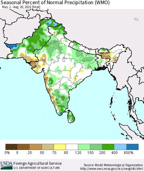 Southern Asia Seasonal Percent of Normal Precipitation (WMO) Thematic Map For 5/1/2021 - 8/20/2021