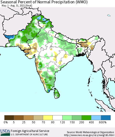 Southern Asia Seasonal Percent of Normal Precipitation (WMO) Thematic Map For 5/1/2021 - 8/31/2021