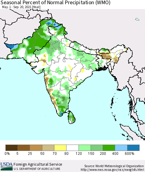 Southern Asia Seasonal Percent of Normal Precipitation (WMO) Thematic Map For 5/1/2021 - 9/20/2021