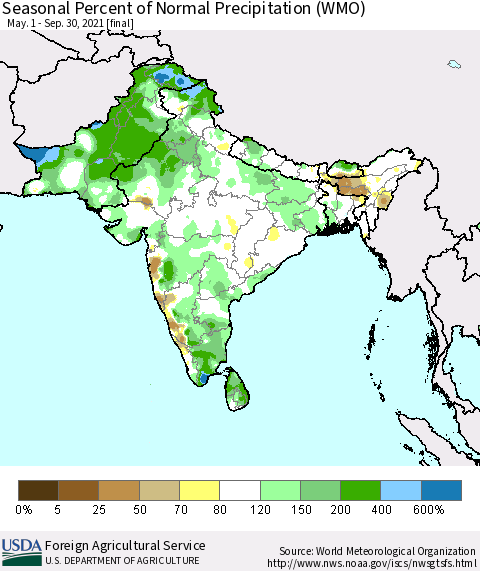 Southern Asia Seasonal Percent of Normal Precipitation (WMO) Thematic Map For 5/1/2021 - 9/30/2021