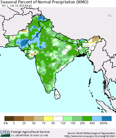 Southern Asia Seasonal Percent of Normal Precipitation (WMO) Thematic Map For 10/1/2021 - 1/10/2022