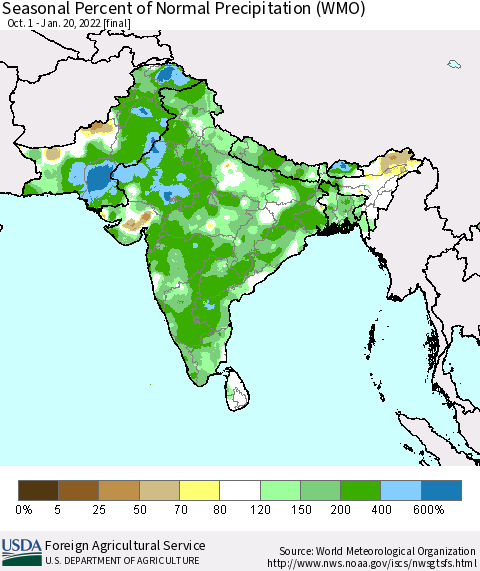 Southern Asia Seasonal Percent of Normal Precipitation (WMO) Thematic Map For 10/1/2021 - 1/20/2022