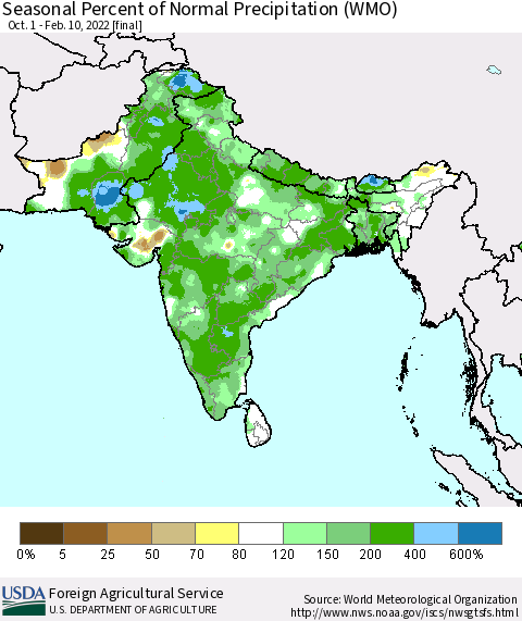 Southern Asia Seasonal Percent of Normal Precipitation (WMO) Thematic Map For 10/1/2021 - 2/10/2022