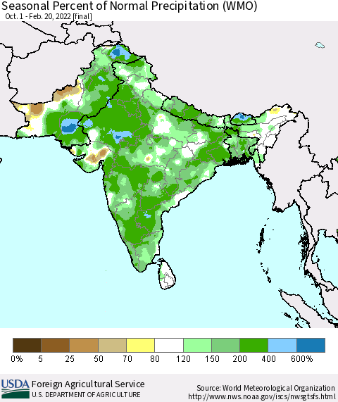 Southern Asia Seasonal Percent of Normal Precipitation (WMO) Thematic Map For 10/1/2021 - 2/20/2022