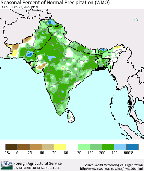 Southern Asia Seasonal Percent of Normal Precipitation (WMO) Thematic Map For 10/1/2021 - 2/28/2022