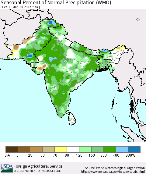 Southern Asia Seasonal Percent of Normal Precipitation (WMO) Thematic Map For 10/1/2021 - 3/10/2022