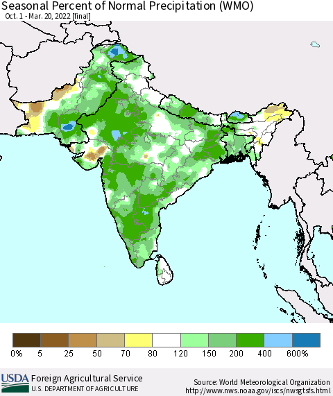 Southern Asia Seasonal Percent of Normal Precipitation (WMO) Thematic Map For 10/1/2021 - 3/20/2022