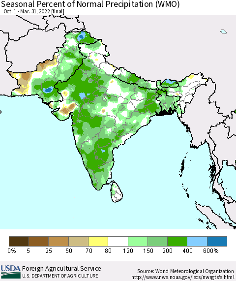 Southern Asia Seasonal Percent of Normal Precipitation (WMO) Thematic Map For 10/1/2021 - 3/31/2022