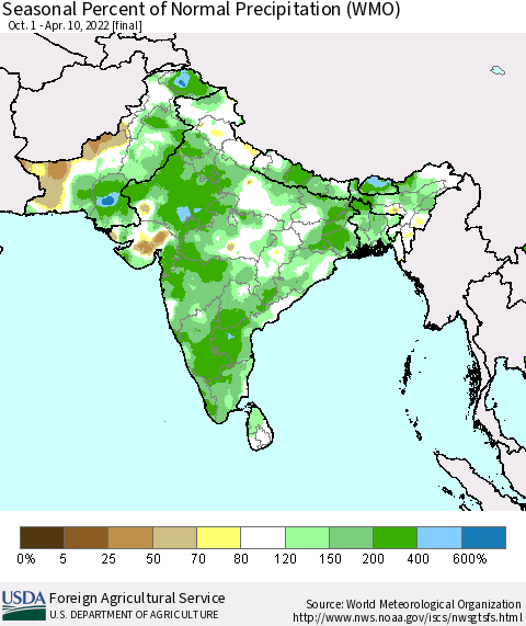 Southern Asia Seasonal Percent of Normal Precipitation (WMO) Thematic Map For 10/1/2021 - 4/10/2022