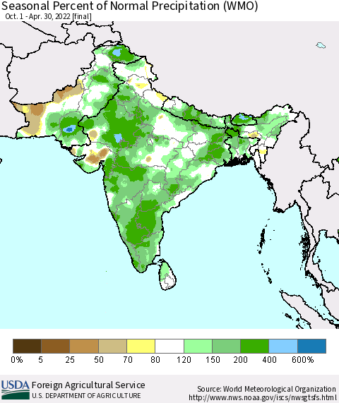 Southern Asia Seasonal Percent of Normal Precipitation (WMO) Thematic Map For 10/1/2021 - 4/30/2022