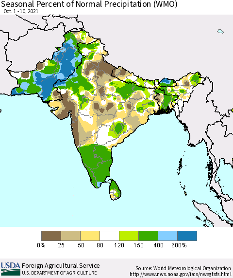 Southern Asia Seasonal Percent of Normal Precipitation (WMO) Thematic Map For 10/1/2021 - 10/10/2021