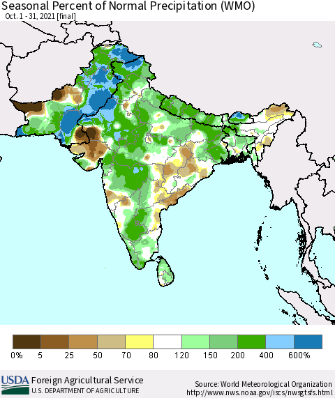 Southern Asia Seasonal Percent of Normal Precipitation (WMO) Thematic Map For 10/1/2021 - 10/31/2021