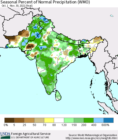 Southern Asia Seasonal Percent of Normal Precipitation (WMO) Thematic Map For 10/1/2021 - 11/30/2021