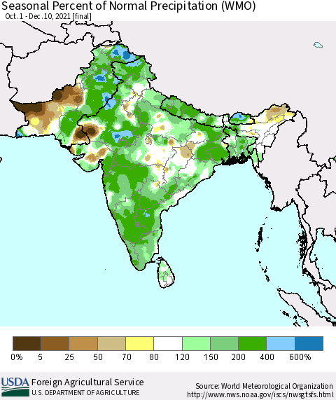 Southern Asia Seasonal Percent of Normal Precipitation (WMO) Thematic Map For 10/1/2021 - 12/10/2021