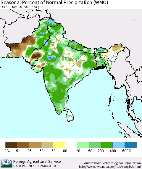 Southern Asia Seasonal Percent of Normal Precipitation (WMO) Thematic Map For 10/1/2021 - 12/20/2021