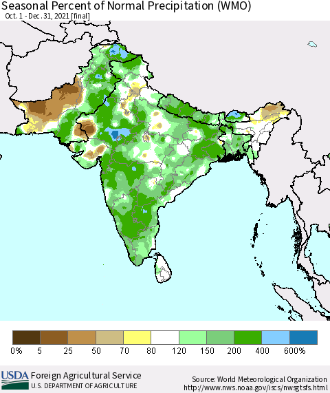 Southern Asia Seasonal Percent of Normal Precipitation (WMO) Thematic Map For 10/1/2021 - 12/31/2021