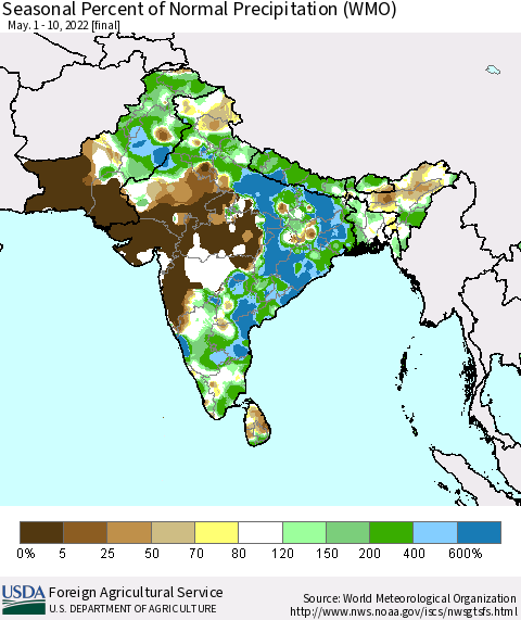 Southern Asia Seasonal Percent of Normal Precipitation (WMO) Thematic Map For 5/1/2022 - 5/10/2022