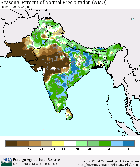 Southern Asia Seasonal Percent of Normal Precipitation (WMO) Thematic Map For 5/1/2022 - 5/20/2022