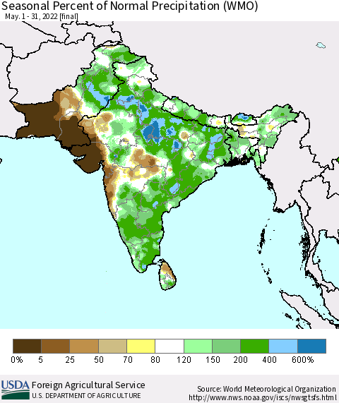 Southern Asia Seasonal Percent of Normal Precipitation (WMO) Thematic Map For 5/1/2022 - 5/31/2022