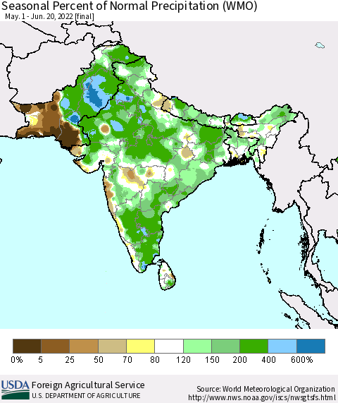 Southern Asia Seasonal Percent of Normal Precipitation (WMO) Thematic Map For 5/1/2022 - 6/20/2022