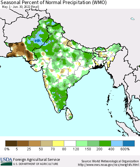 Southern Asia Seasonal Percent of Normal Precipitation (WMO) Thematic Map For 5/1/2022 - 6/30/2022