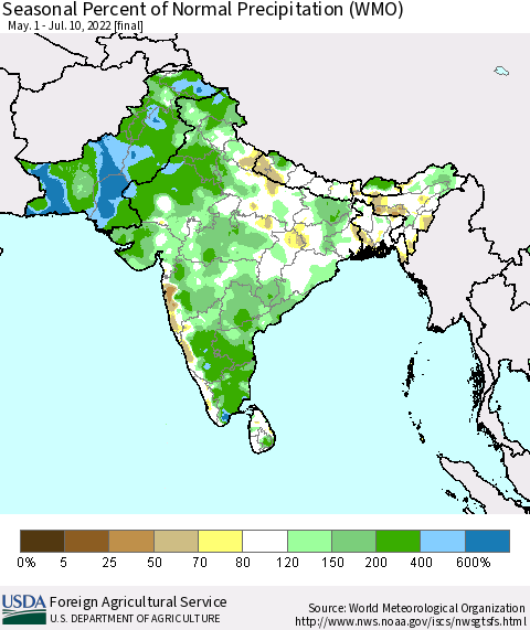Southern Asia Seasonal Percent of Normal Precipitation (WMO) Thematic Map For 5/1/2022 - 7/10/2022