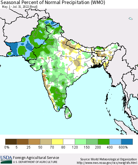 Southern Asia Seasonal Percent of Normal Precipitation (WMO) Thematic Map For 5/1/2022 - 7/31/2022