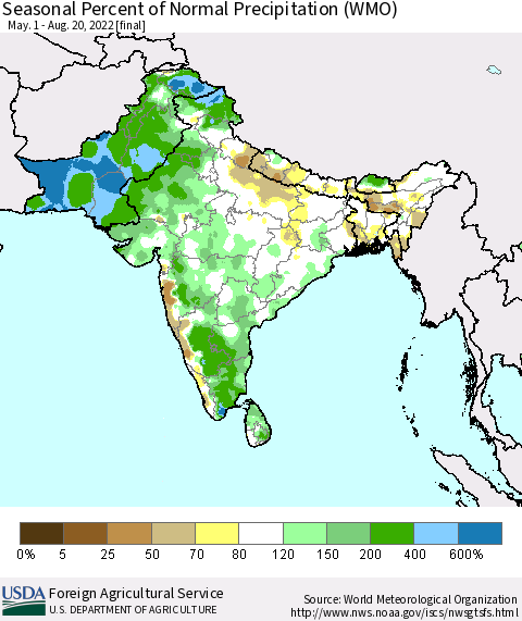Southern Asia Seasonal Percent of Normal Precipitation (WMO) Thematic Map For 5/1/2022 - 8/20/2022