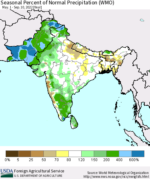 Southern Asia Seasonal Percent of Normal Precipitation (WMO) Thematic Map For 5/1/2022 - 9/10/2022