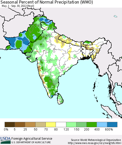 Southern Asia Seasonal Percent of Normal Precipitation (WMO) Thematic Map For 5/1/2022 - 9/30/2022