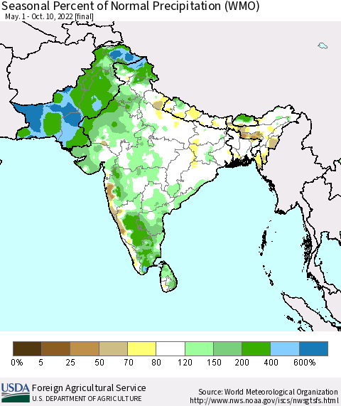 Southern Asia Seasonal Percent of Normal Precipitation (WMO) Thematic Map For 5/1/2022 - 10/10/2022