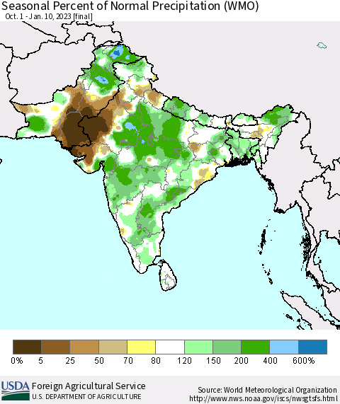 Southern Asia Seasonal Percent of Normal Precipitation (WMO) Thematic Map For 10/1/2022 - 1/10/2023